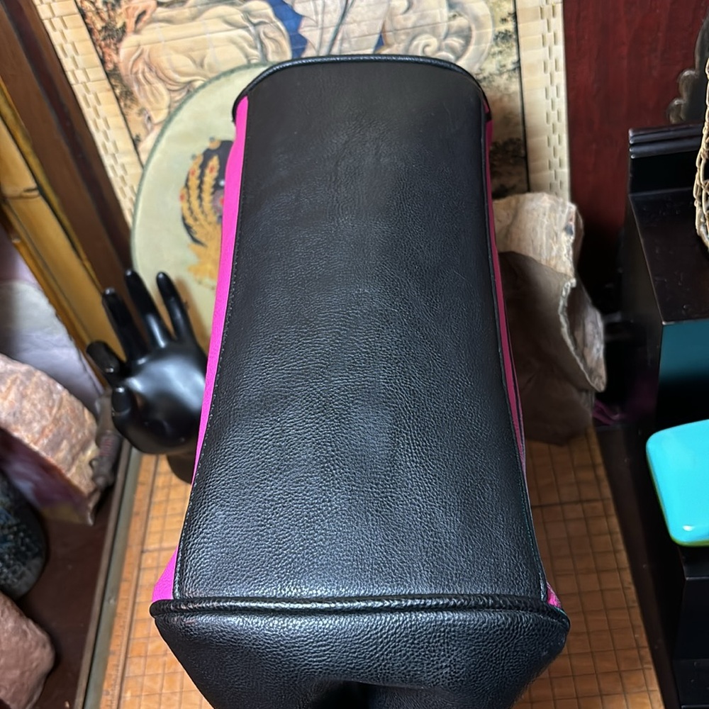 Betsey Johnson Studs and Flowers Black Hot Pink Striped Bag 11.5”Wx10”Hx5.75”D - Picture 7 of 17